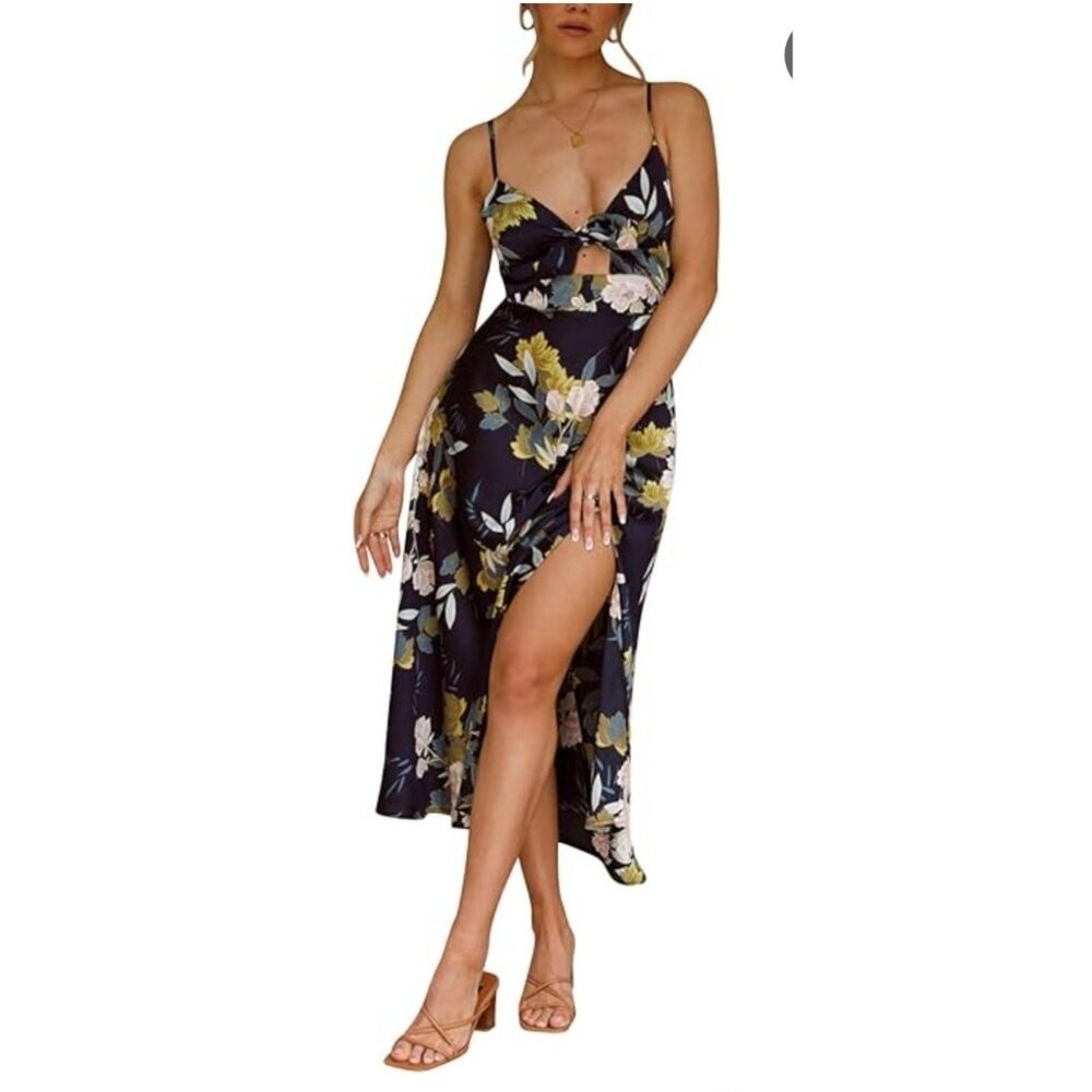 Fashionme Womens 3XL Navy Floral Maxi Dress Tie Front Detail Adjustable Straps